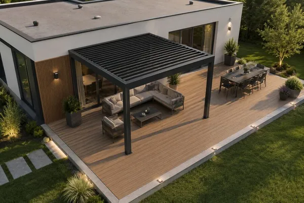 Large WPC terrace with a bioclimatic pergola covering only the relaxation corner