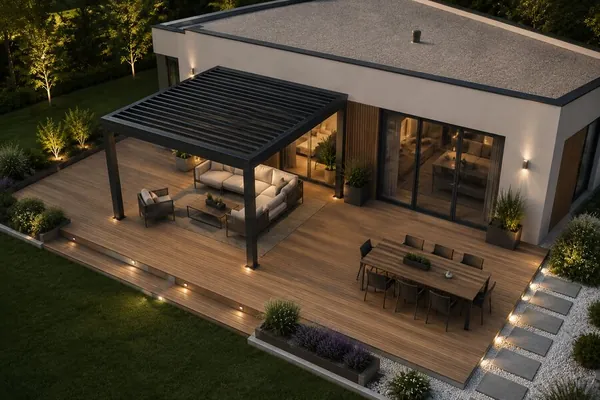 Bioclimatic pergola with integrated LED lighting, at night, on a WPC terrace