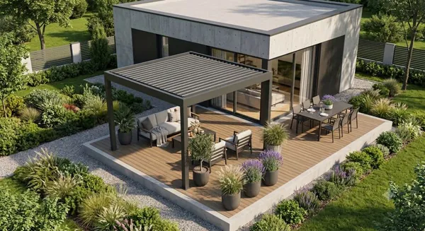 Compact bioclimatic pergola module integrated into a landscaped garden
