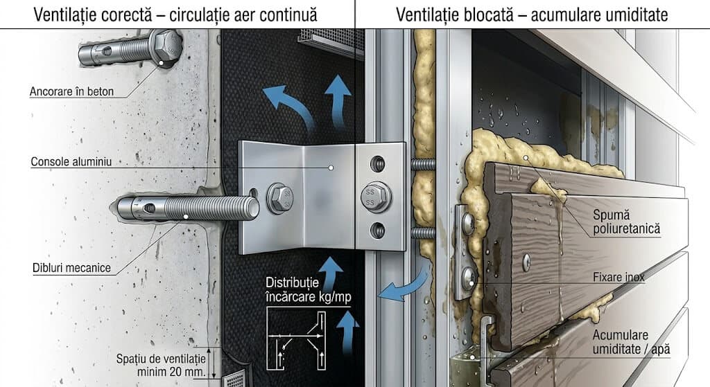 Comparație tehnică între montaj corect și montaj greșit privind spațiul de ventilație la fatada ventilata