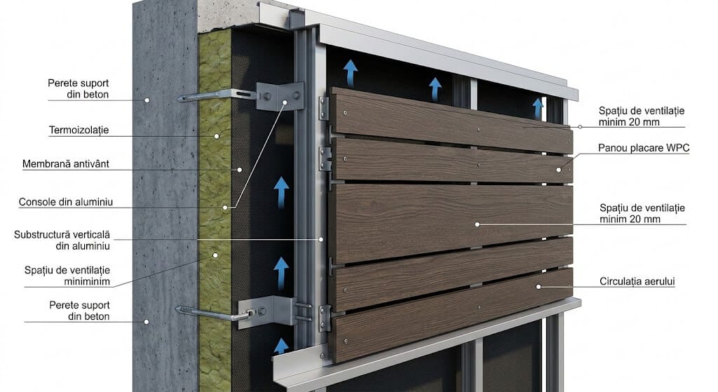 Secțiune tehnică completă a unei fatade ventilate cu strat de aer de 20 mm și substructură din aluminiu